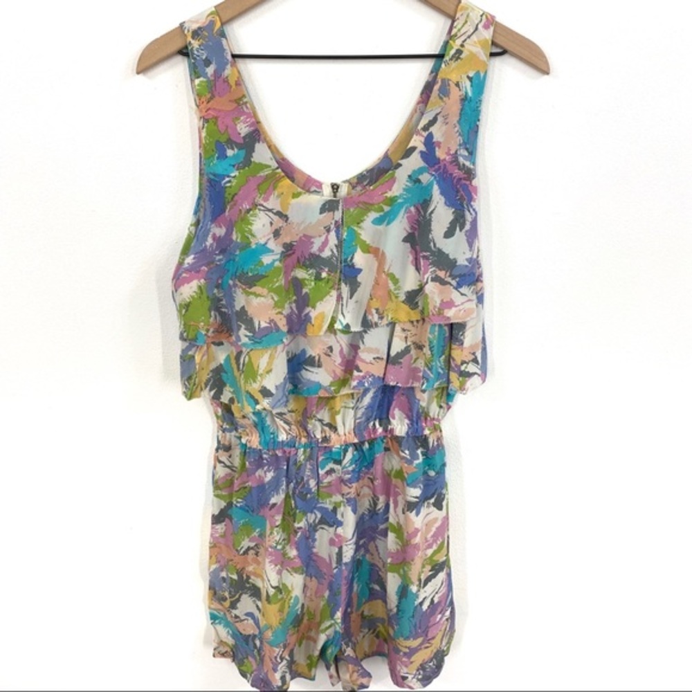 R 89 Multicolor Abstract Feather Print Silk Romper